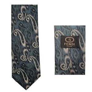 Vintage Fendi Italy Silk Paisley Tie 3 1/2 wide 57 Inches‎ Long Blue Cream